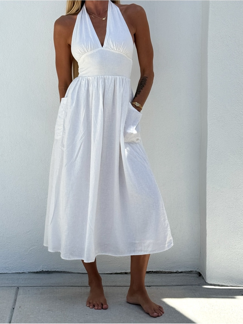White Halter Midi Dress with Pockets